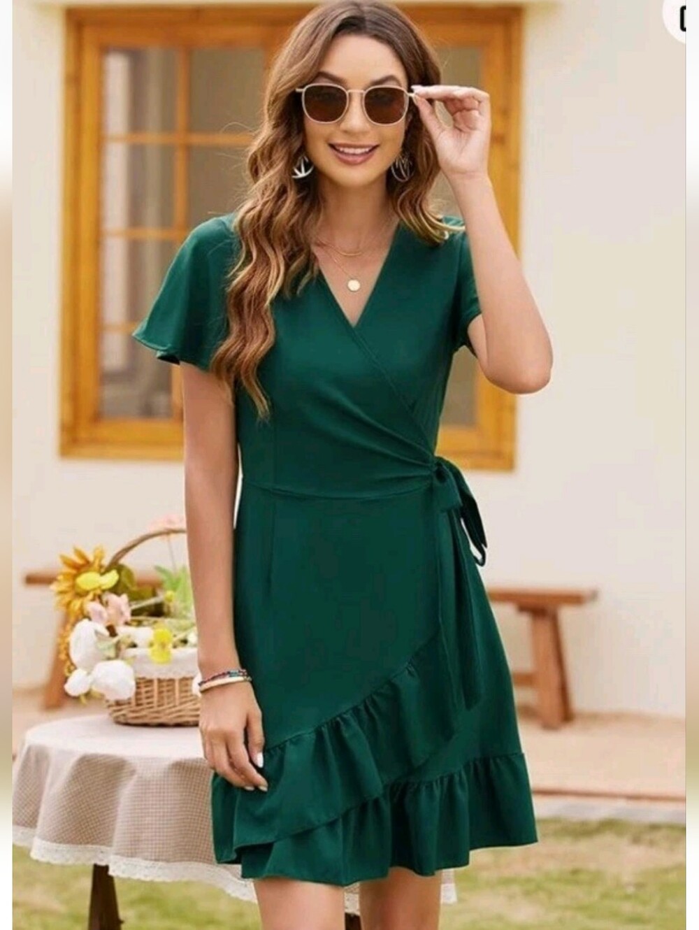 Nagoo M Green Wrap Midi Dress Ruffle Hem 3919-CW